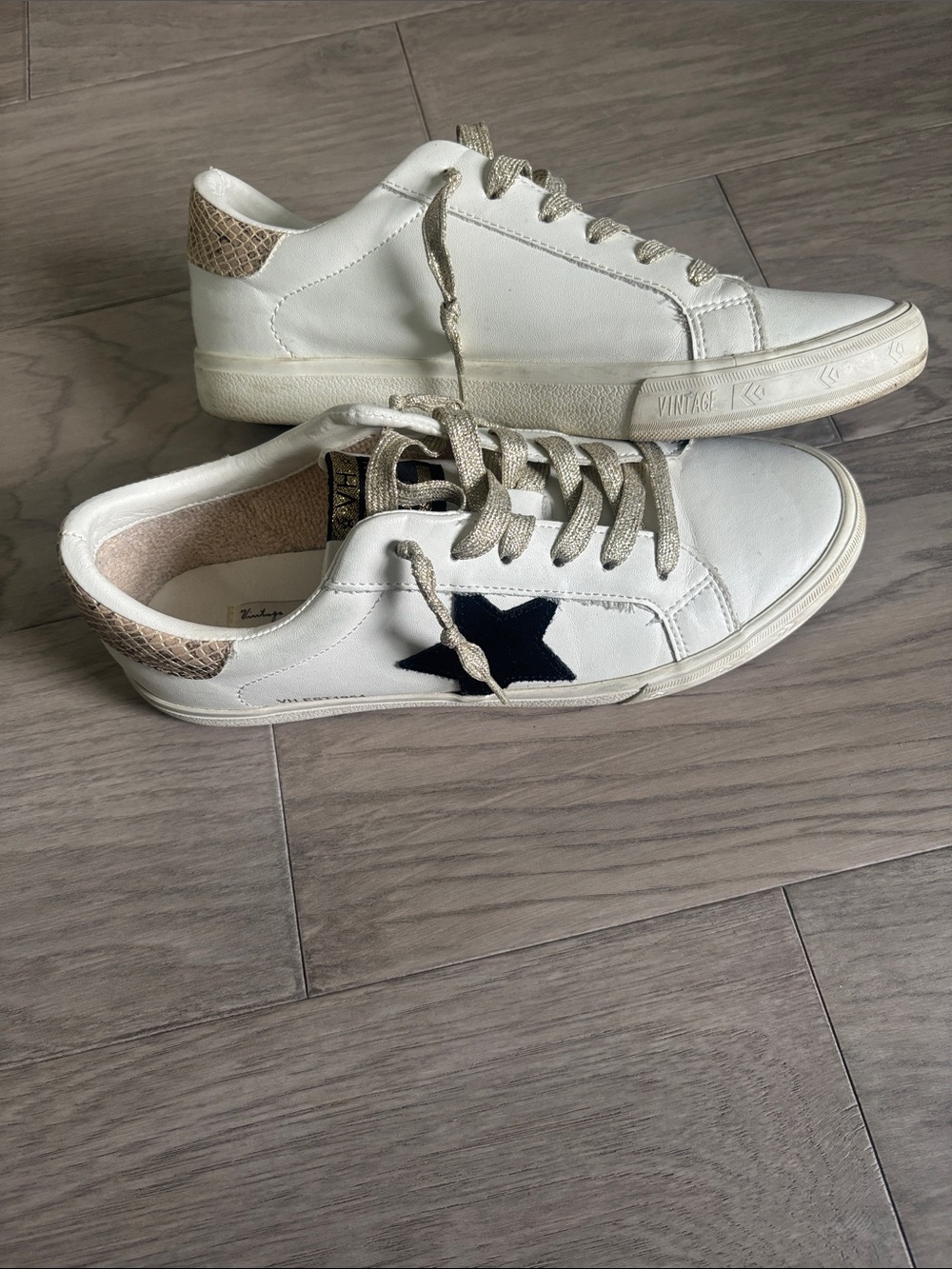 Vintage Havana White Sneakers with Black Star and Tan Snake-Print Heel